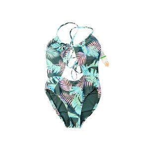 NEW GB Gianni Bini One Piece Tropical Swimsuit Size L Green Pink Paradise Leaves